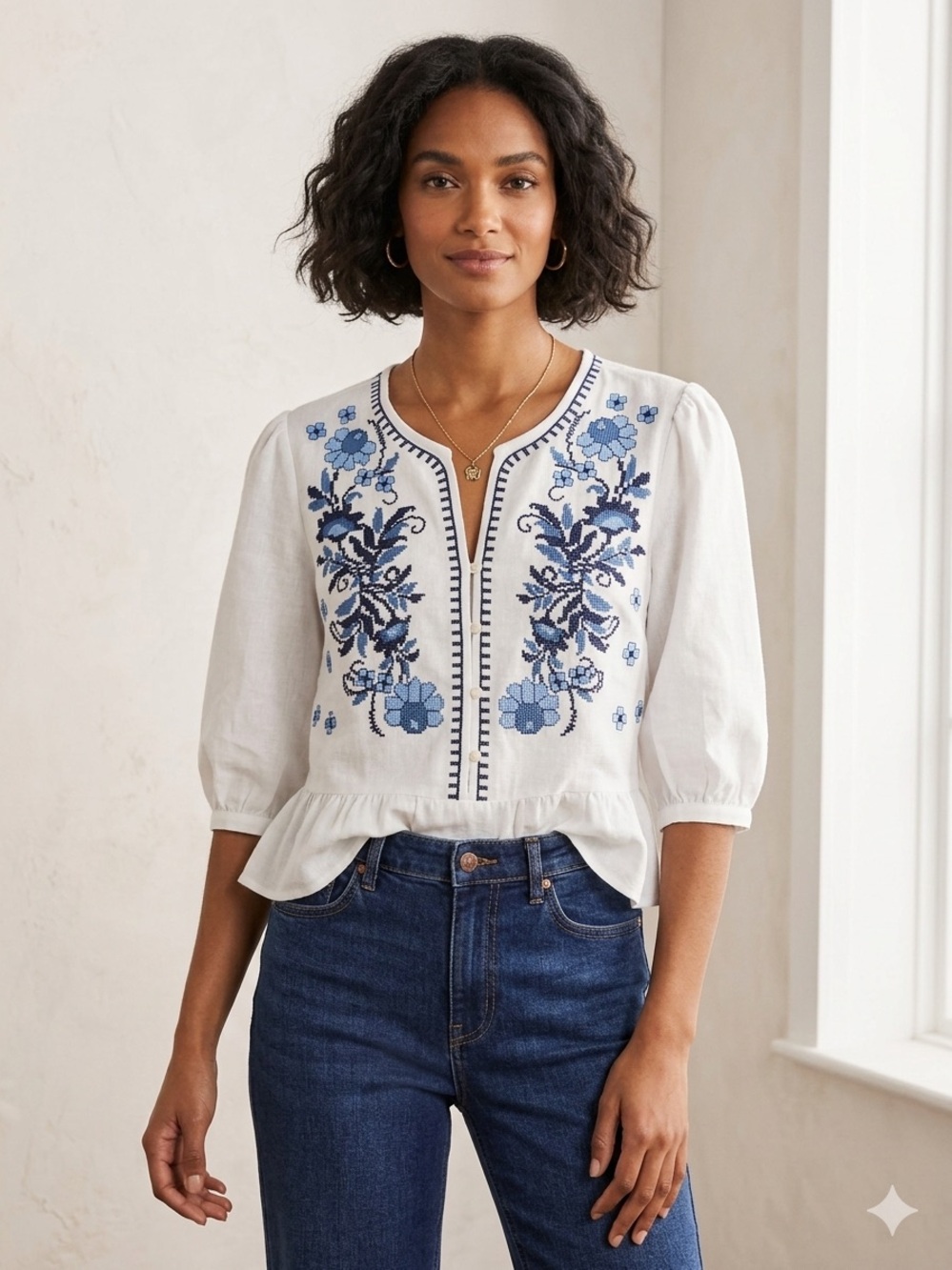 Solitaire White Peplum Blouse with Blue Floral Embroidery